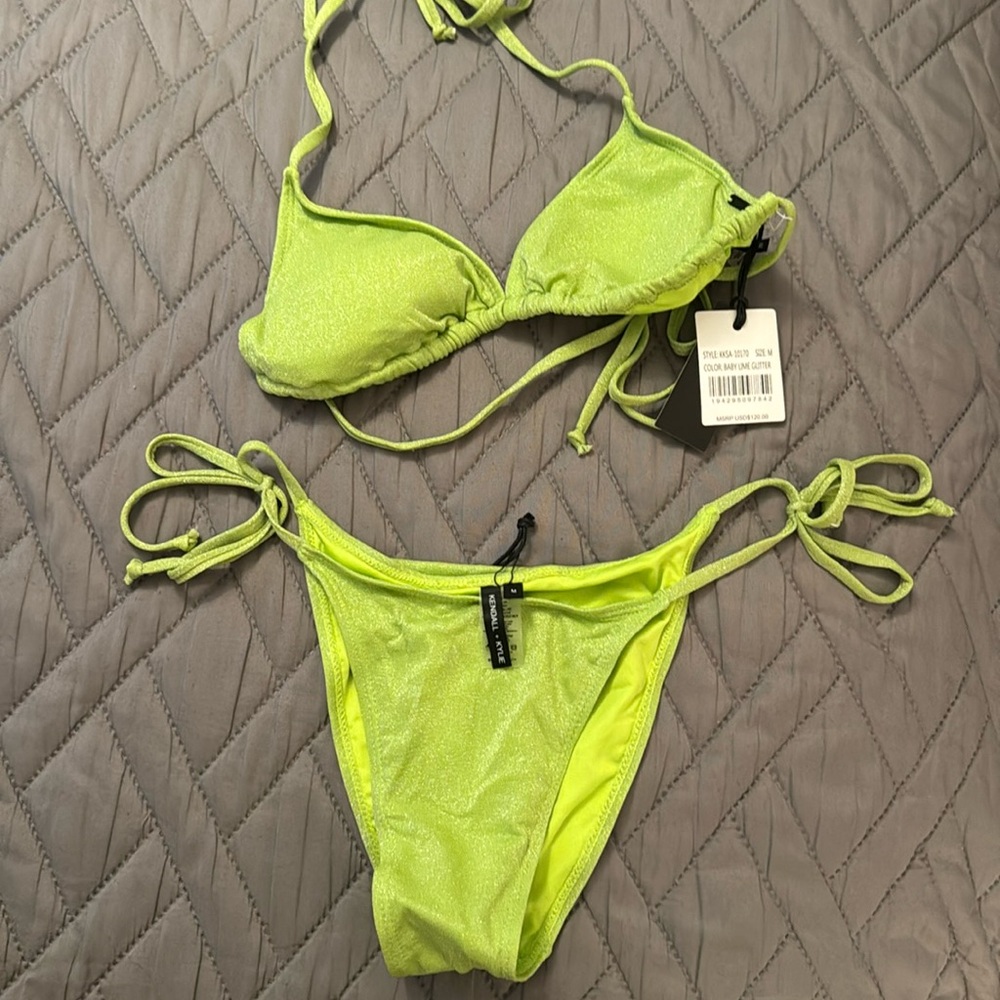 NWT Kendall & Kylie Baby Lime Glitter Metallic Triangle Bikini Top and bottom